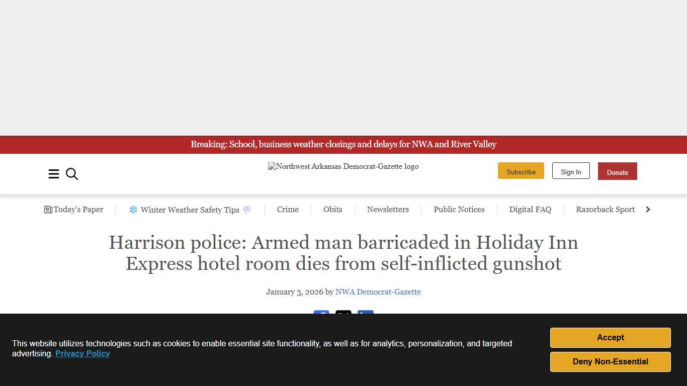 Harrison police: Armed man barricaded in Holiday Inn Express hotel room dies from self-inflicted gunshot Northwest Arkansas Democrat-Gazette