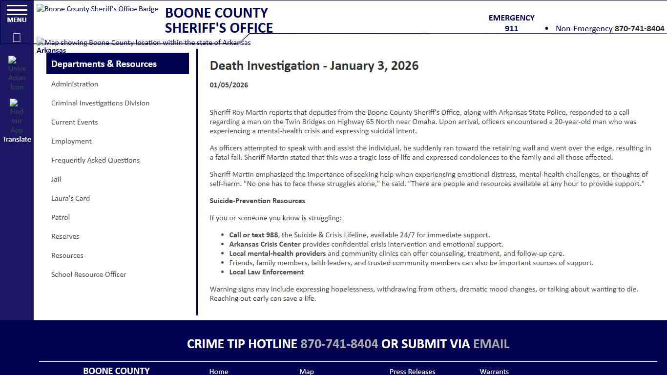 Death Investigation - January 3, 2026 (01/05/2026) - Press Releases - Boone County Sheriff AR